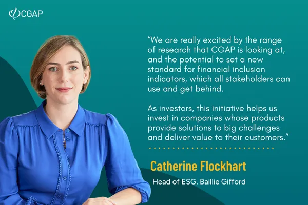 Headshot of Catherine Flockhard from Bailie Gifford with a quote on Financial Inclusion 2.0