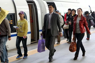 A busy train station platform in Tianjin, China