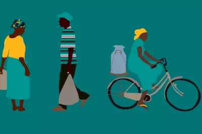 animated portrayal of individuals traveling with containers by walking or cycling