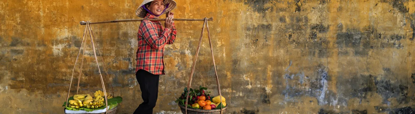 Vietnamese woman selling tropical fruits, old town in Hoi An city, Vietnam
